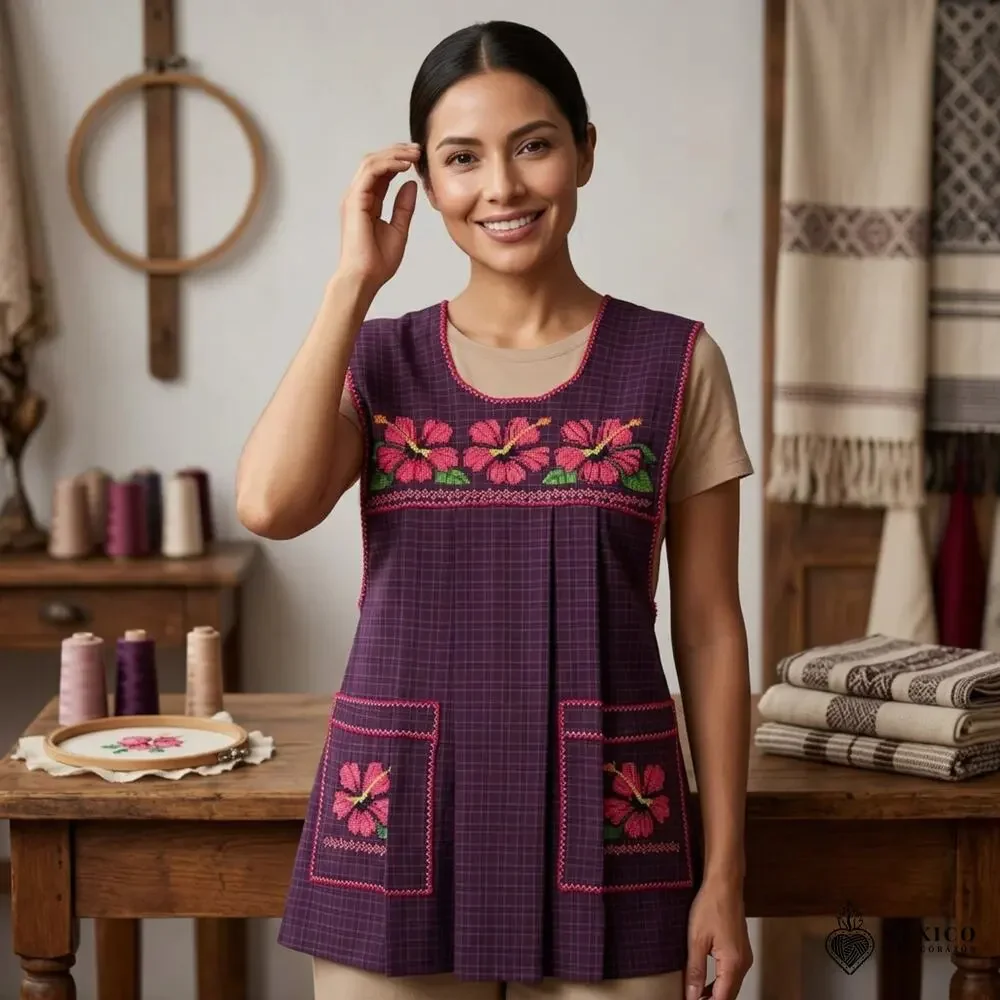 Traditional Mexican Cross-Stitch Embroidered Apron – Deluxe Artisan Smock Style